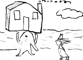 Line drawing of a house-headed figure walking across an open landscape towards a smaller figure in a long coat, with a cloud in the sky above. Anomie Publishing