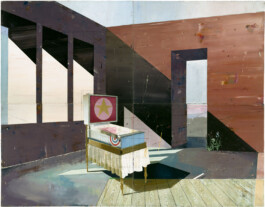 Large abstracted interior of dark purple and rust-red walls with diagonal shadows, containing a pinball machine on a draped, gold-legged table beneath a star emblem. Anomie Publishing