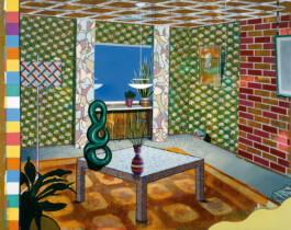 Brightly coloured living room with green floral wallpaper, a red brick wall, a dotted table holding a green looped sculpture and striped vase, and a blue window. Anomie Publishing