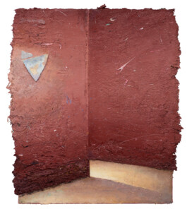 Thickly textured oxblood-red painting of a room corner, with a pale blue-grey triangular shard embedded in the left wall and a strip of cream floor at the bottom. Anomie Publishing
