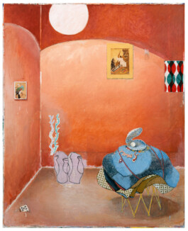 A terracotta-orange arched room with a white circle above, a blue draped form topped by an open pearl shell on a folding stand, and outlined lilac vases holding coral-like branches. Anomie Publishing