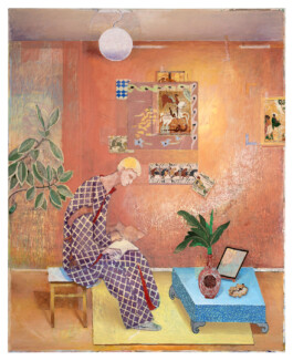 A pale-headed figure in a purple-patterned robe sits writing in a notebook in a coral-pink room hung with icons and Bayeux Tapestry-like scenes, beside a blue table with a vase and a framed portrait. Anomie Publishing